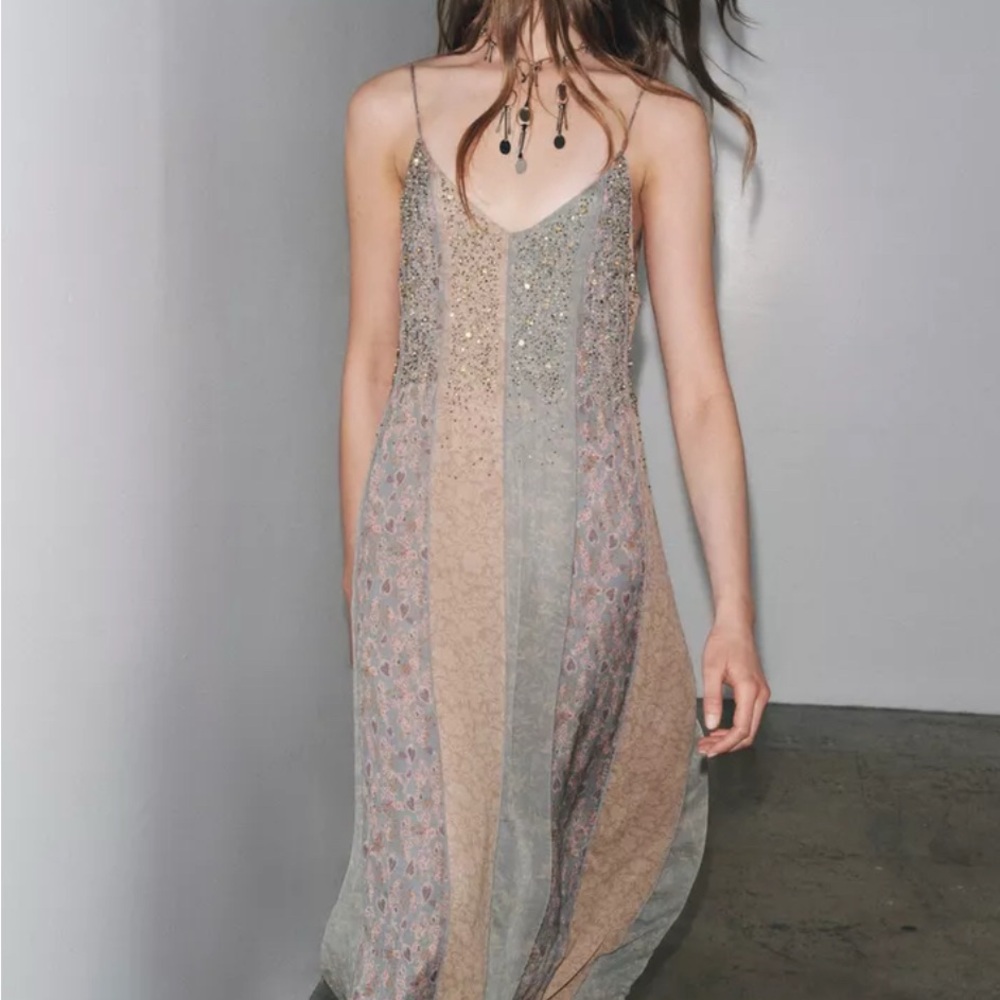 Zara Glittering Maxi Dress in Silver and Cream